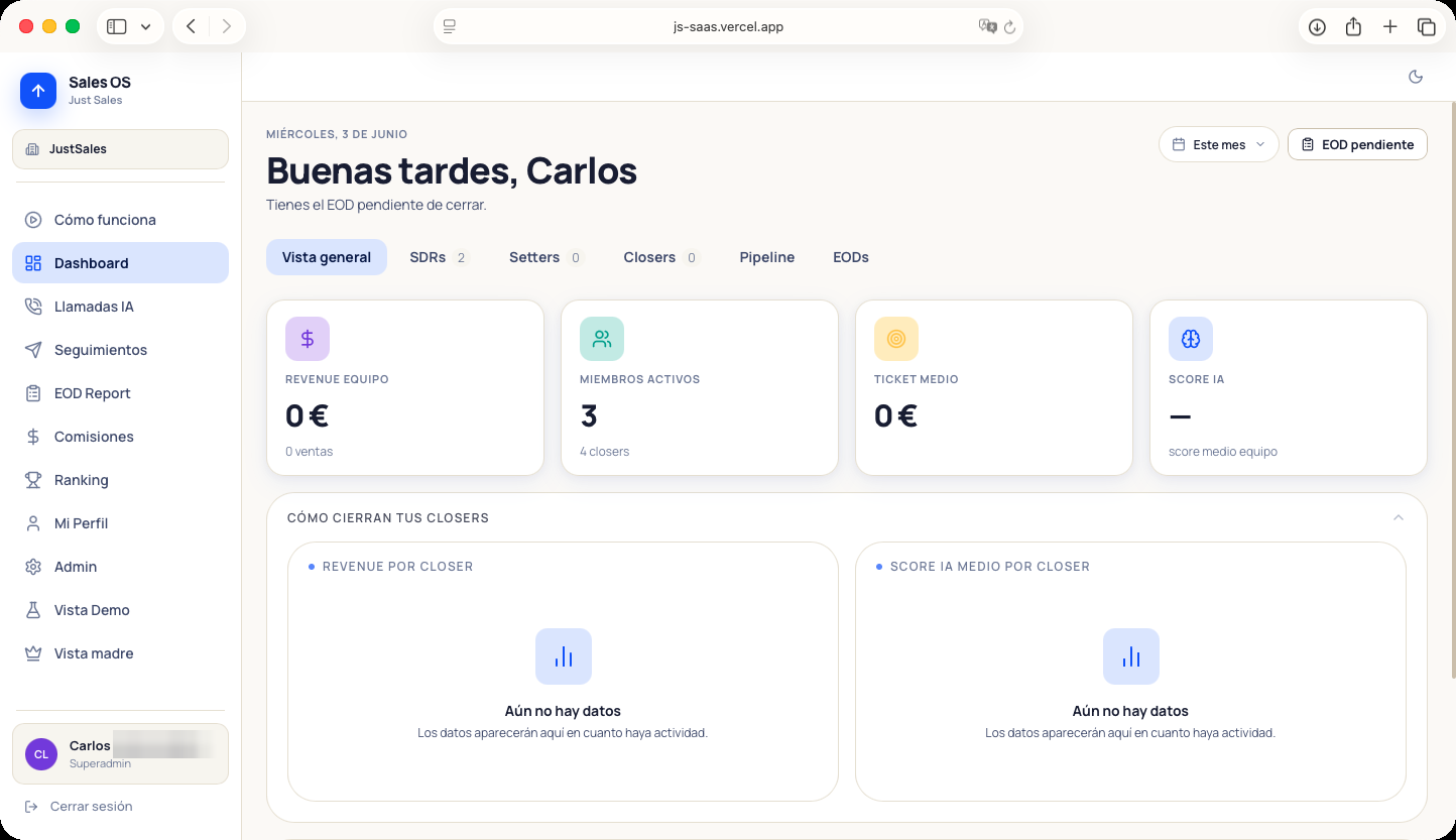 Dashboard de Sales OS con los KPIs del equipo